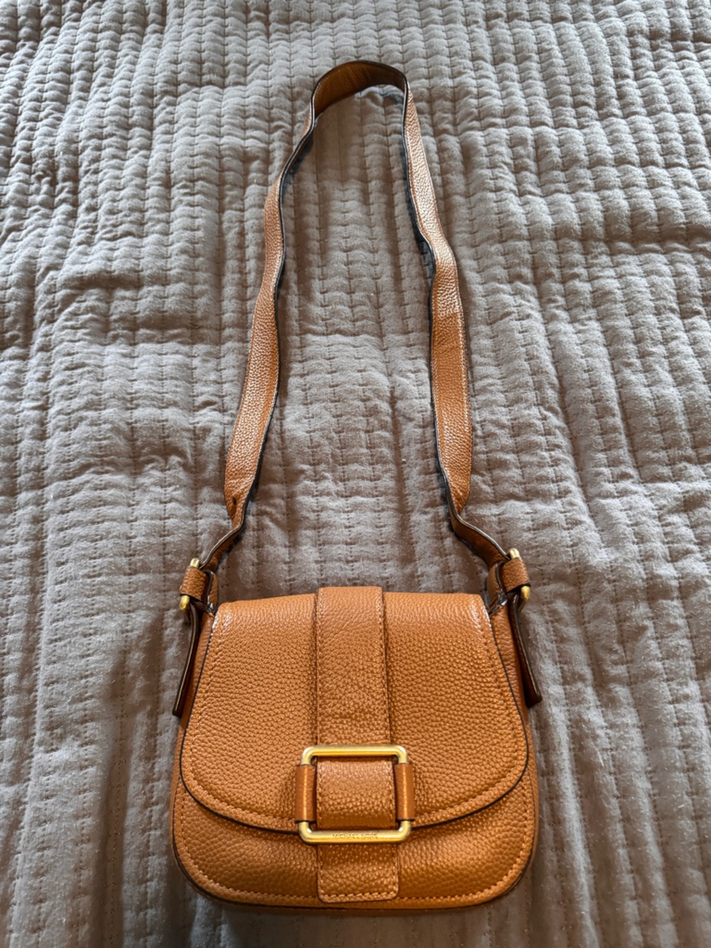 Michael Kors Brown Pebbled Leather Crossbody Saddle Bag with Gold Hardware